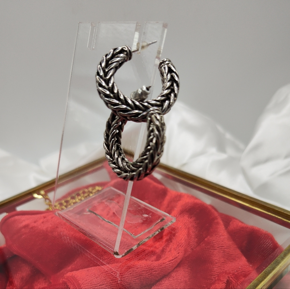 Vintage Kenneth Jay Lane (?) Silver Tone Braided Rope Hoop Earrings